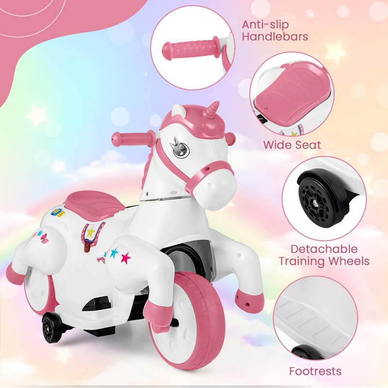 Eletriclife 12V Unicorn Ride on Toy with Training Wheels and Horse Riding Mode