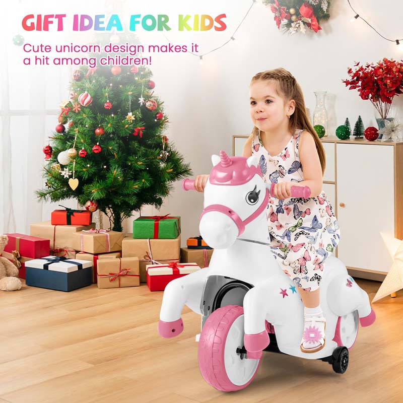 Eletriclife 12V Unicorn Ride on Toy with Training Wheels and Horse Riding Mode