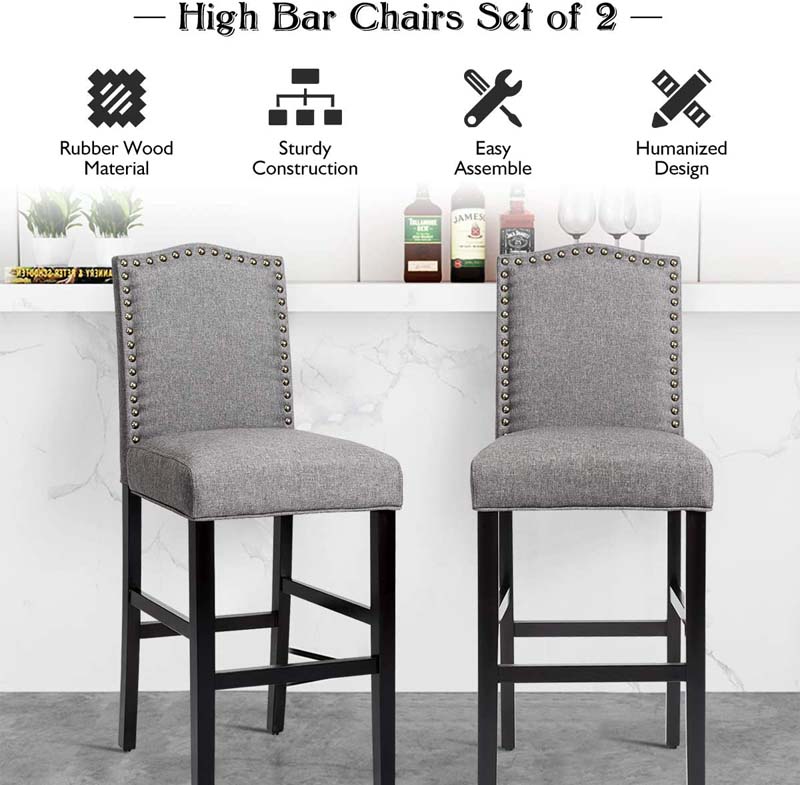 Eletriclife 2 Pcs Bar Stools 30 Inch Upholstered Kitchen Nailhead Bar Chairs