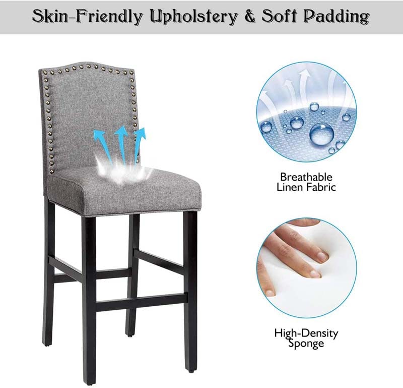 Eletriclife 2 Pcs Bar Stools 30 Inch Upholstered Kitchen Nailhead Bar Chairs