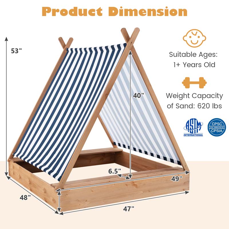 Eletriclife 49 x 48 Inch Kids Wooden Sandbox with Cover and 2 Bench Seats