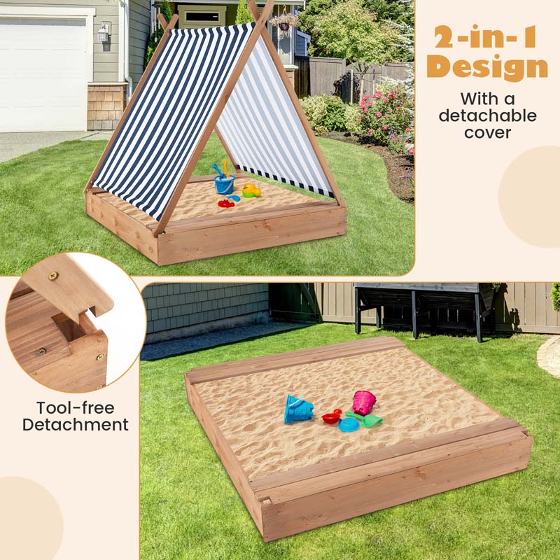 Eletriclife 49 x 48 Inch Kids Wooden Sandbox with Cover and 2 Bench Seats