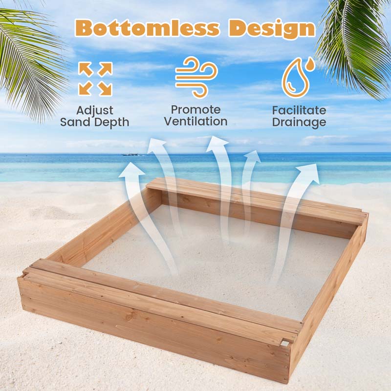 Eletriclife 49 x 48 Inch Kids Wooden Sandbox with Cover and 2 Bench Seats