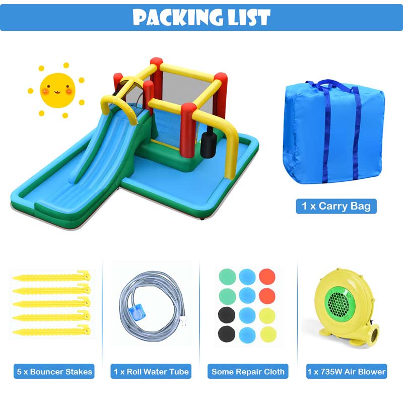 Eletriclife Inflatable Water Slide Climbing Bounce House with Tunnel and 735W Blower