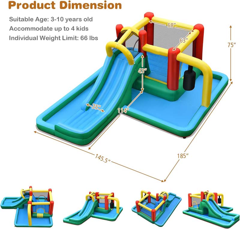 Eletriclife Inflatable Water Slide Climbing Bounce House with Tunnel and 735W Blower