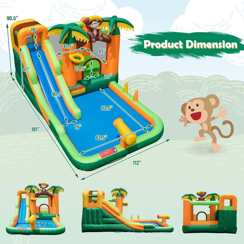 Eletriclife Monkey-Themed Inflatable Water Slide with Jumping Area and Pool 680W Blower