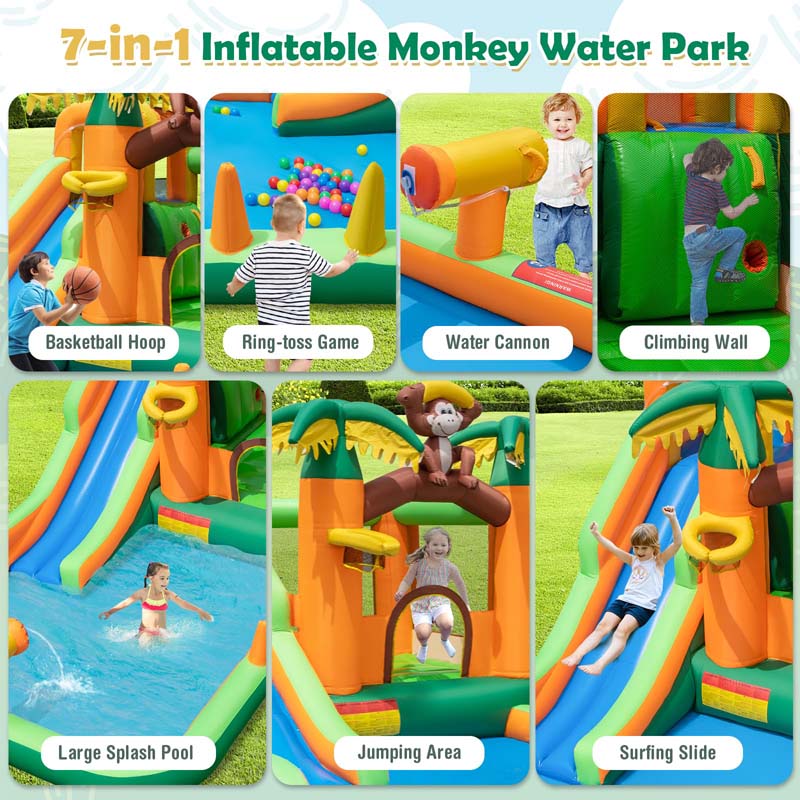 Eletriclife Monkey-Themed Inflatable Water Slide with Jumping Area and Pool 680W Blower