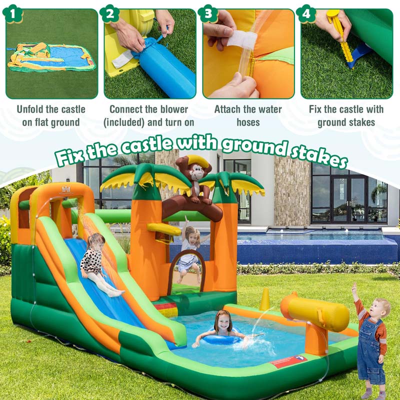 Eletriclife Monkey-Themed Inflatable Water Slide with Jumping Area and Pool 680W Blower