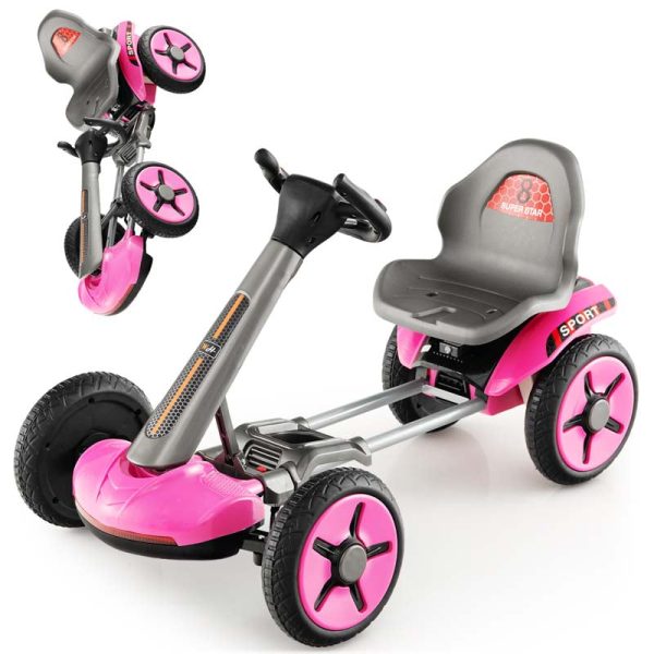 4-Wheel Folding Pedal Go Kart for Kids with 2-Position Adjustable Steering Wheel & Seat, 12V Battery Powered Ride On Pedal Car Toy