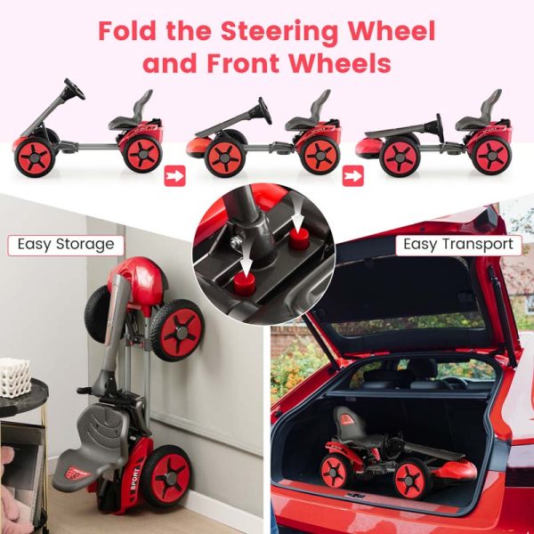 4-Wheel Folding Pedal Go Kart for Kids with 2-Position Adjustable Steering Wheel & Seat, 12V Battery Powered Ride On Pedal Car Toy