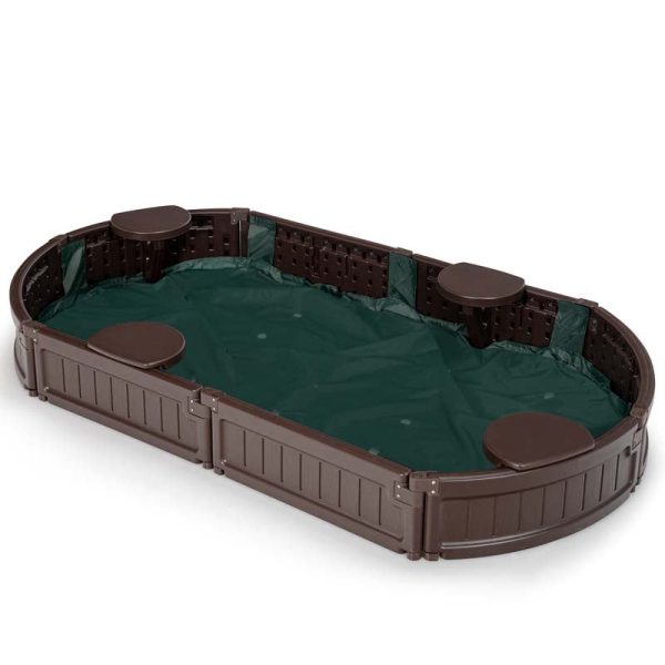 6FT Oval Outdoor Sandbox with Cover, Built-in Corner Seat & Bottom Liner, All Weather Kids Sand Play Station for Backyard Beach